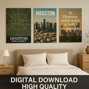 Set of 3 Houston Posters – Digital Download Wall Art – Printable Urban City Decor – High Resolution 300 DPI