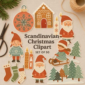 Scandinavian Christmas Clipart – 50 PNGs Folk Art, Cozy Winter Set