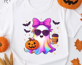 Iridescent Ghost Halloween Tee, Pumpkin Coffee Shirt