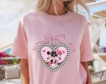 Rosa Mickey Minnie Coquette Bow Shirt, Disneyland Valentinstag T-Shirt, Disney Locket Paare T-Shirt