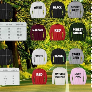 Pu&ograve; includere: Immagine di prodotto che mostra varie felpe girocollo in diversi colori, tra cui bianco, nero, rosso e grigio. Le felpe sono etichettate con testi come "WHITE", "BLACK" e "SPORT GREY". Sono visualizzate anche tabelle delle taglie per bambini e ragazzi.