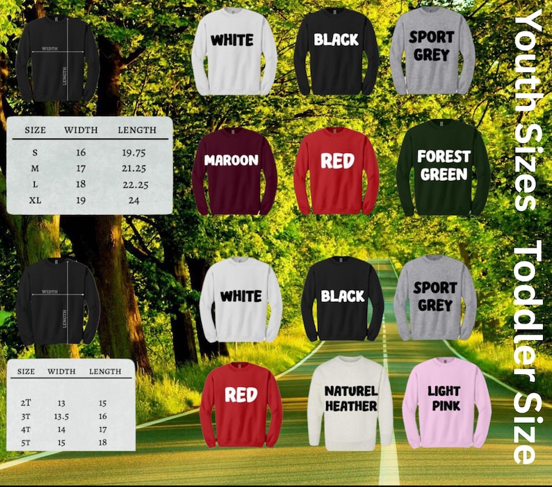 Pu&ograve; includere: Immagine di prodotto che mostra varie felpe girocollo in diversi colori, tra cui bianco, nero, rosso e grigio. Le felpe sono etichettate con testi come "WHITE", "BLACK" e "SPORT GREY". Sono visualizzate anche tabelle delle taglie per bambini e ragazzi.