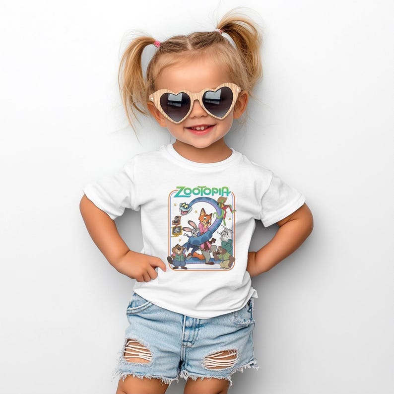 May include: A white t-shirt featuring the word "ZOOTOPIA" in green and a colorful graphic of characters from the movie. The shirt is worn by a young child wearing heart-shaped sunglasses and denim shorts.