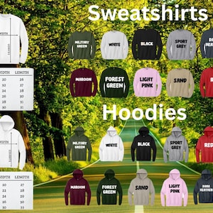 Pu&ograve; includere: Un'esposizione di felpe e felpe con cappuccio in vari colori, tra cui bianco, nero e rosso. L'immagine mostra tabelle delle taglie con misure in centimetri. I testi "Sweatshirts" e "Hoodies" sono visibili.