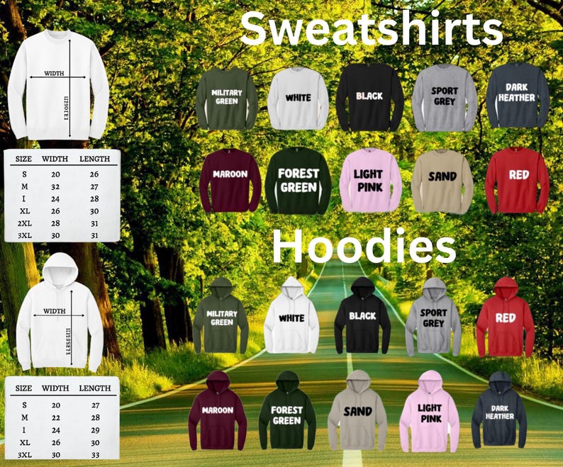 Pu&ograve; includere: Un'esposizione di felpe e felpe con cappuccio in vari colori, tra cui bianco, nero e rosso. L'immagine mostra tabelle delle taglie con misure in centimetri. I testi "Sweatshirts" e "Hoodies" sono visibili.