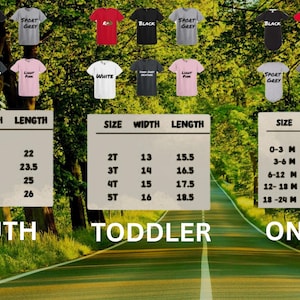 May include: A product image showcasing various t-shirts in different colors, including red, black, and white. Size charts for youth, toddler, and onesie sizes are displayed, detailing width and length measurements in inches.