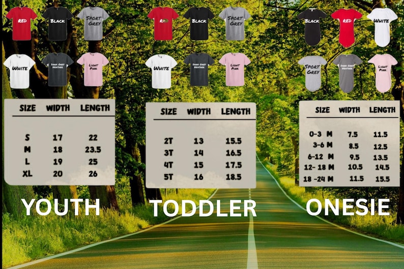 May include: A product image showcasing various t-shirts in different colors, including red, black, and white. Size charts for youth, toddler, and onesie sizes are displayed, detailing width and length measurements in inches.