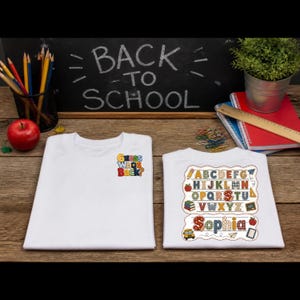 Camiseta personalizada con el nombre del profesor, para la vuelta al cole, colores cómodos, estampado de letras con efecto patchwork.