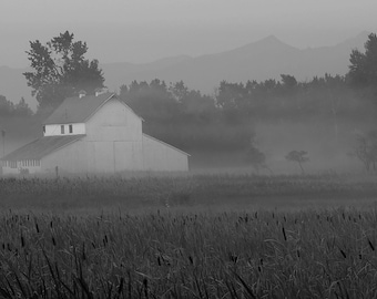 Foggy Barn Black and White Print – Rustic Fine Art Landscape Photography on Matte Paper