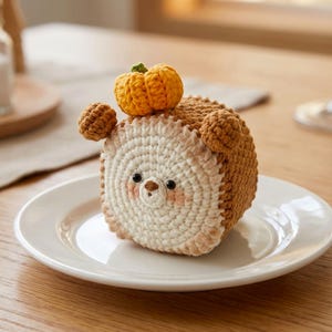 May include: A handmade crochet bear with a small pumpkin on its head, sitting on a white plate. The bear is primarily brown and cream, with black eyes and blush. The pumpkin is orange with a green stem. The bear has small brown ears.