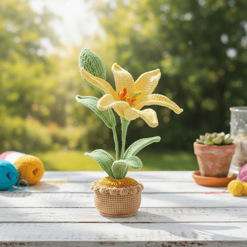 May include: A crocheted yellow lily in a small brown pot. The flower has green leaves and a bud. The pot is sitting on a white wooden surface. The background is blurred with green trees and sunlight.