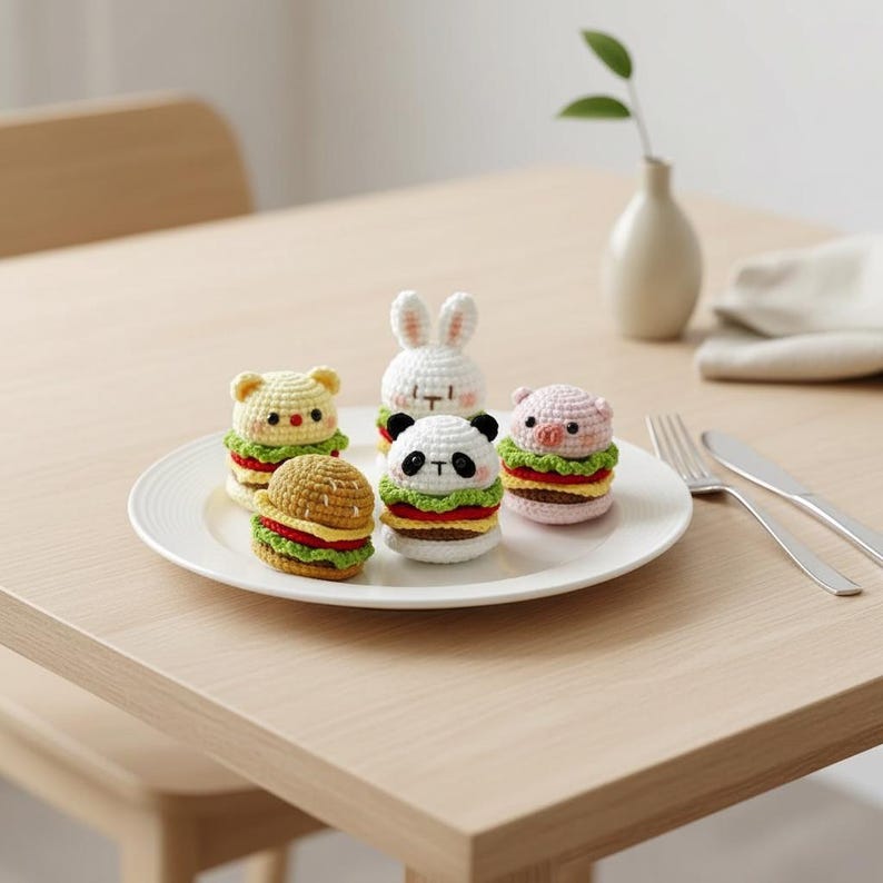 Op de afbeelding: Een verzameling van vijf kleine, gehaakte knuffels in de vorm van hamburgers, elk bekroond met een andere dierenkop, waaronder een beer, konijn, panda en varken. De kleurrijke garencreaties zijn gerangschikt op een wit bord met bestek.