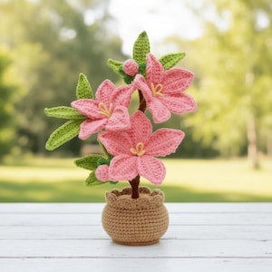 Peut inclure: Un arrangement floral au crochet fait main, avec des fleurs roses, des centres jaunes, des feuilles vertes et une tige marron. L'arrangement est dans un petit pot en crochet beige. L'arrière-plan est une scène extérieure floue.