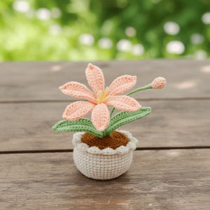 Puede incluir: Una flor de ganchillo en una maceta pequeña. La flor tiene pétalos de color melocotón y un centro amarillo. Hojas verdes y un capullo acompañan a la flor. La maceta es blanca con un borde festoneado y está sobre una superficie de madera.