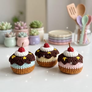 Puede incluir: Tres juguetes de cupcake tejidos a ganchillo con glaseado de hilo marrón con detalles de estrellas amarillas, un copete de hilo blanco y una cereza de hilo rojo encima. Las bases son azul claro, beige y rosa claro, sobre una base de hilo beige.