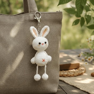 Könnte beinhalten: Ein weißer Häkel-Hasen-Schlüsselanhänger, befestigt an einer grauen Tragetasche. Der Hase hat schwarze Augen, eine rote Nase und ein kleines rotes 'X' auf der Brust. Die Ohren des Hasen haben eine pfirsichfarbene Innenseite.