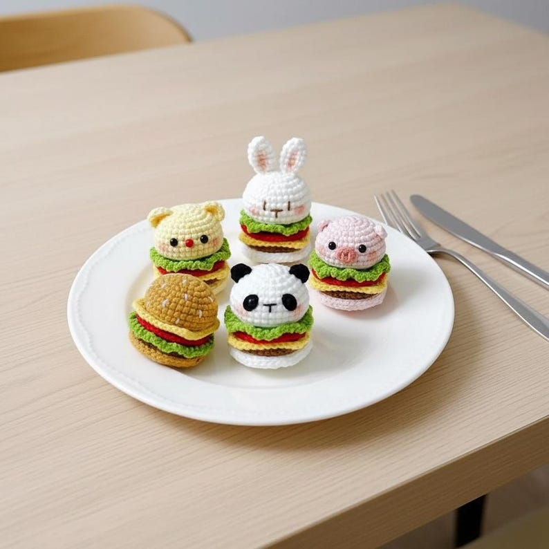 Op de afbeelding: Vijf kleine gehaakte amigurumi-figuurtjes in de vorm van hamburgers, elk bekroond met een ander dierenhoofd zoals een beer, konijn, varken, panda en een gewoon broodje, gerangschikt op een wit bord met een zilveren vork en mes ernaast.