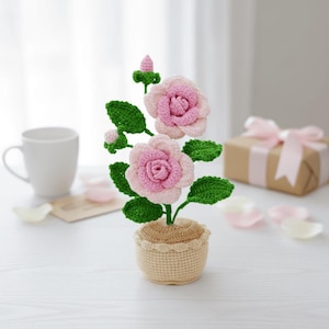 Puede incluir: Una planta de rosas de ganchillo con dos rosas rosas y hojas verdes en una maceta beige. Las flores tienen un centro rosa más oscuro. La maceta tiene un borde decorativo. Una taza blanca y una caja de regalo están en el fondo.