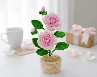 Crochet Rose Pot PDF Pattern - Cute Potted Rose Tutorial, How to Crochet Flower Pot Decor