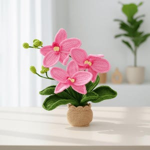 Puede incluir: Una planta de orquídea hecha a mano con flores rosas, hojas verdes y una maceta beige. La orquídea tiene tres grandes flores abiertas con centros amarillos y varios capullos verdes. Las hojas son de color verde oscuro y la maceta tiene un borde festoneado.