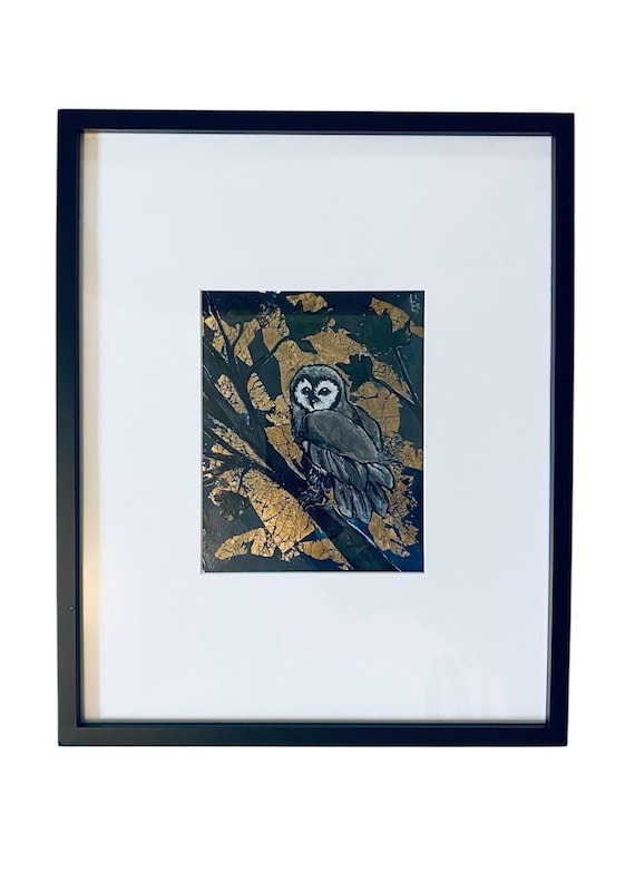 Night Owl Gelli Print: Gold Leaf Forest Animal Art, 16x20 Framed
