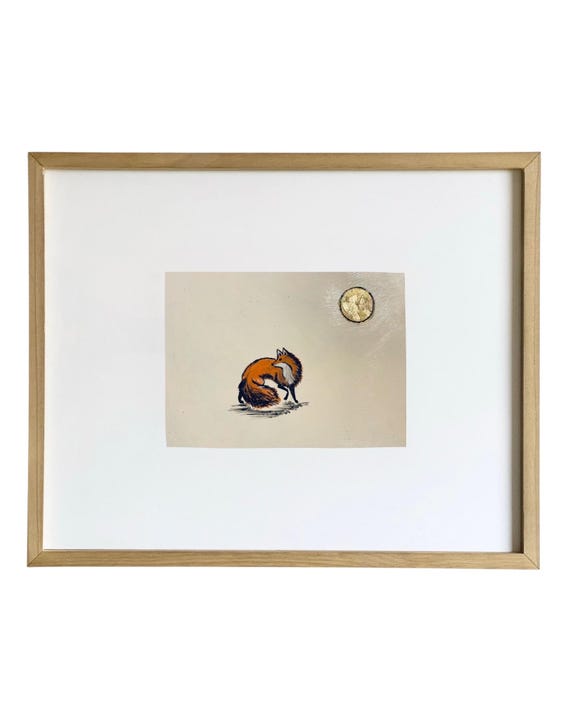 Fox Gelli Print with Gold Leaf: Nature-Inspired Acrylic Painting, Framed