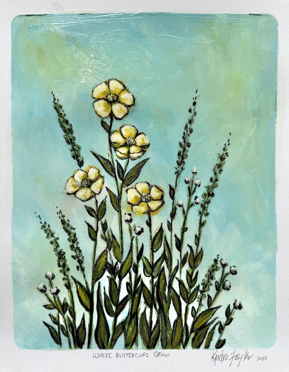 Where Buttercups Grow - Original Acrylic Gelli Print, Nature-Inspired Mixed Media, 16in, x 20in, Framed