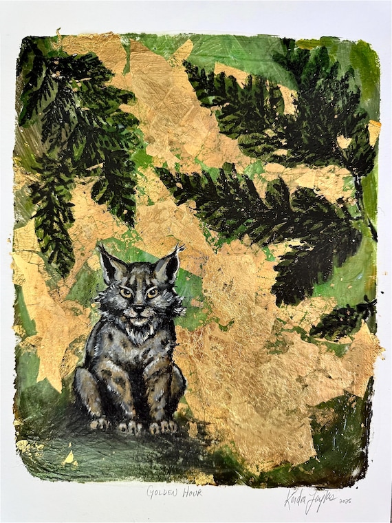 Golden Hour - Original Acrylic Gelli Print with Gold Leaf, Lynx, Forest Animal Wall Art, Nature-Inspired Mixed Media, 16in, x 20in, Framed