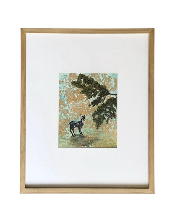 Gold Leaf Fawn Gelli Print: Nature-Inspired Acrylic Mixed Media Art