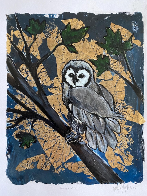 Night Owl - Original Acrylic Gelli Print with Gold Leaf, Forest Animal Wall Art, Nature-Inspired Mixed Media, 16in, x 20in, Framed