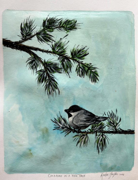 Chickadee in a Pine Tree - Original Acrylic Gelli Print, Nature-Inspired Mixed Media, 12in, x 16in, Framed