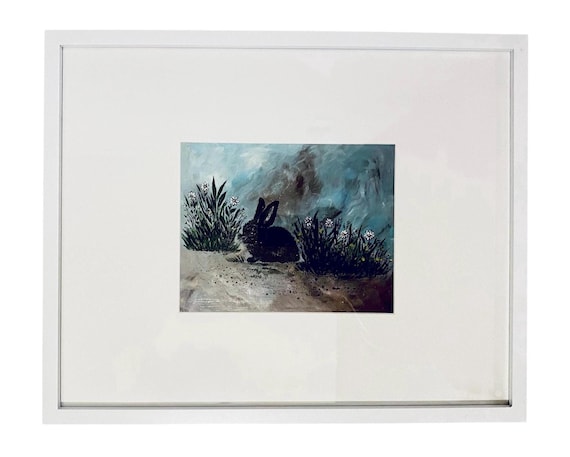 Original Acrylic Gelli Print: Rabbit Among Wildflowers