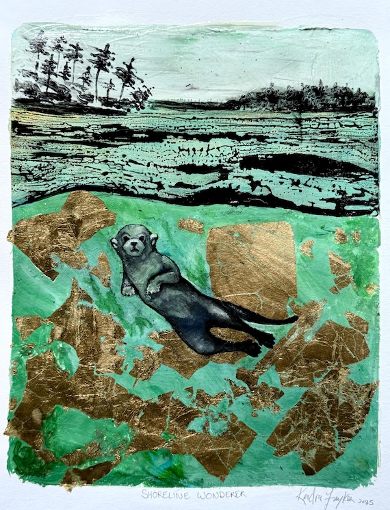 Shoreline Wonderer - Original Acrylic Gelli Print, Nature-Inspired Mixed Media, 12in, x 16in, Framed