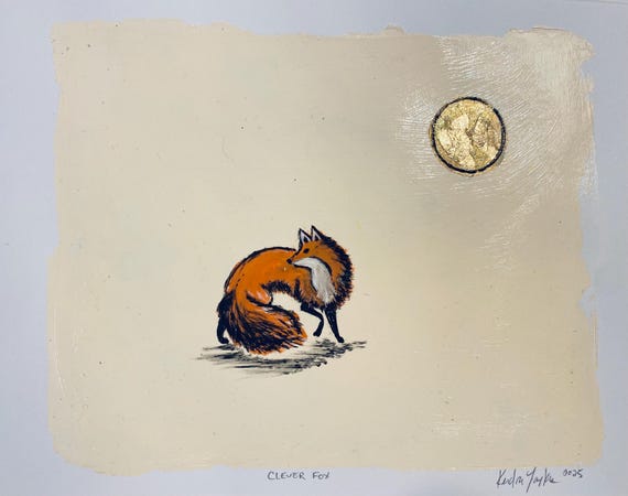 Clever Fox - Original Acrylic Gelli Print with Gold Leaf, Forest Animal Wall Art, Nature-Inspired Mixed Media, 16in, x 20in, Framed