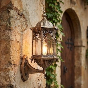 May include: A wall-mounted outdoor lantern with a weathered bronze finish, featuring a hexagonal frame with clear glass panels, pointed finials, and a central Edison-style light bulb that emits a warm, soft glow against the stone wall.
