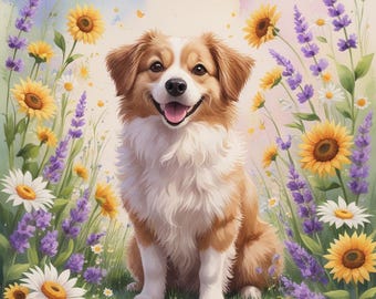 May include: A happy, smiling dog with brown and white fur sits in a field of sunflowers, daisies, and lavender. The watercolor-style illustration has a soft, pastel color palette, creating a cheerful and inviting scene.