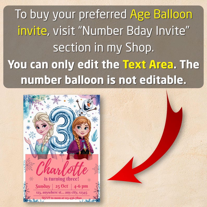 May include: Birthday invitation featuring Elsa, Anna, and Olaf from Frozen, with a blue number 3 balloon. The invitation is personalized with the name "Charlotte" and event details. Text at the top says to visit the shop for other invites.