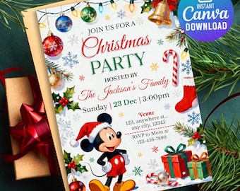 May include: A Christmas party invitation featuring Mickey Mouse in a Santa hat. The invitation includes text that reads "Join us for a Christmas Party" and details for the event. Ornaments, snowflakes, and gifts decorate the invitation.