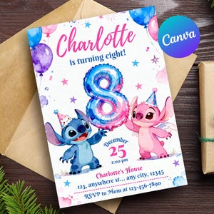 May include: A birthday invitation featuring the name "Charlotte" in pink script, with the text "is turning eight!" and the date December 25. The design includes blue and pink balloons, stars, and cartoon characters. The Canva logo is visible.
