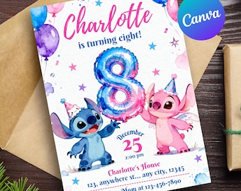 Stitch and Angel 8th Birthday Invitation, Editable Stitch Party Invite for Girls, Printable Stitch Invite, Canva Template, pink blue bday