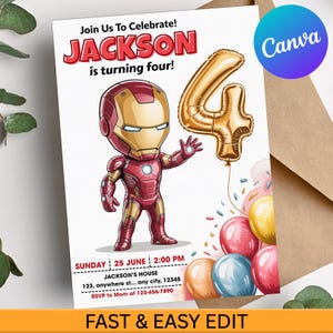 Può includere: Un invito di compleanno con un personaggio dei cartoni animati di Iron Man. L'invito recita "Join Us To Celebrate! JACKSON is turning four!" e include i dettagli della festa. Sono presenti anche un palloncino dorato con il numero 4 e palloncini colorati.