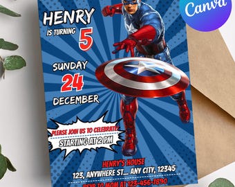 Digital inbjudan till Captain America, inbjudan till superhjältefest, redigerbar Canvas-mall, utskrivbart Avengers-festkort för pojkar, pojkars kort