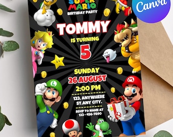Super Mario Black Theme Birthday Invitation, Editable Canva Template, Digital Printable Party Card, Mario Gamer Boys Invite, Colorful invite