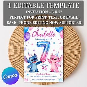 Pu&ograve; includere: Un modello di invito di compleanno di 5 x 7 pollici con la scritta "Charlotte compie sette anni!" e un grande palloncino con il numero 7. Il design include personaggi dei cartoni animati, palloncini e stelle. L'invito &egrave; per il 25 dicembre.