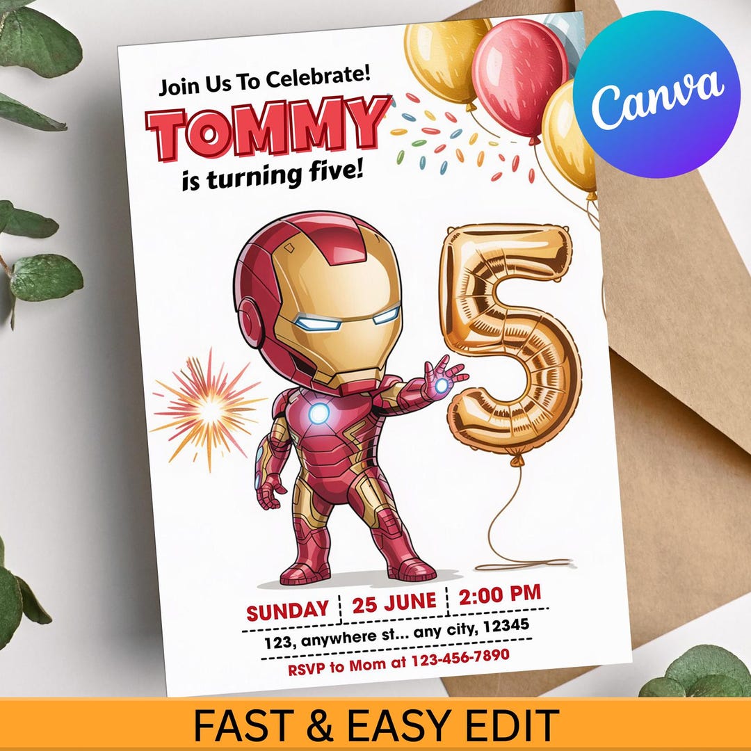 Editable Iron Man 5th Birthday Invitation, Superhero Digital Party ...