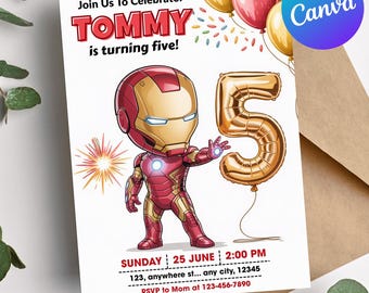 Invito modificabile per il quinto compleanno di Iron Man, invito digitale per una festa di supereroi, modello Canva modificabile, invito carino degli Avengers per ragazzi, compleanno per bambini
