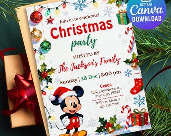 May include: A festive Christmas party invitation featuring Mickey Mouse in a Santa hat. The invitation includes text that reads "Christmas party" and details like the date, time, and RSVP information. The design incorporates Christmas ornaments, snowflakes, and gift boxes.