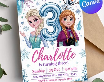 Frozen 3rd Birthday Invitation, Elsa Anna Digital Invite, Frozen Birthday Canva Template, Winter Wonderland Party Invite, Girl bday invite