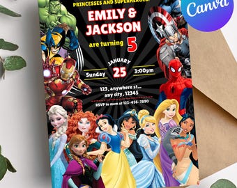 Superheroes and Princess Twins Birthday Invitation, Siblings birthday invite, Editable Canva Template, 2 in 1 Boy Girl Twin Bday Party Card