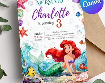 May include: A colorful invitation with a mermaid theme. The invitation features the text "Our Little Mermaid" and "Charlotte is turning 3". The design includes illustrations of a mermaid, fish, seashells, and starfish. The text "FAST & EASY EDIT" is at the bottom.
